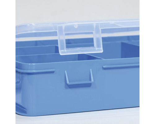 Boîte d''assortiment bleue en plastique avec compartiments.