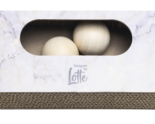 Boîte à gratter pour chats avec deux balles de jeu et le logo Lotte