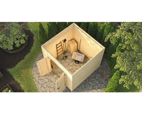 Abri de jardin en bois avec outils de jardinage à l''extérieur