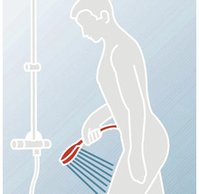 Illustration einer Person, die sich mit einer Handbrause abduscht