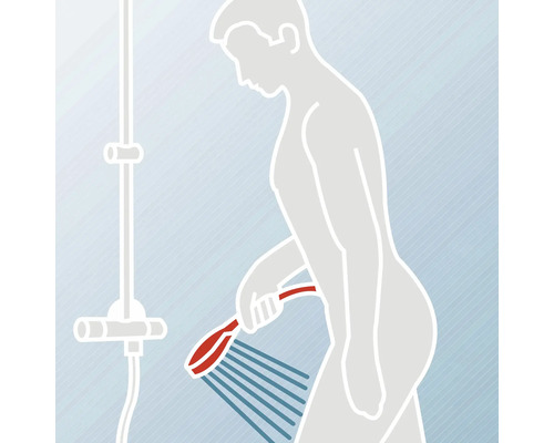 Illustration einer Person, die sich mit einer Handbrause abduscht