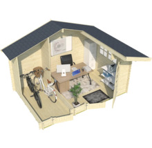 Abri de jardin en bois avec vélos et mobilier de bureau