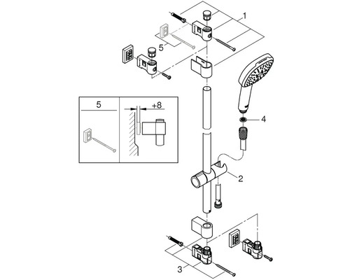 Explosionszeichnung einer Duschstange mit Handbrause und Befestigungsmaterial.