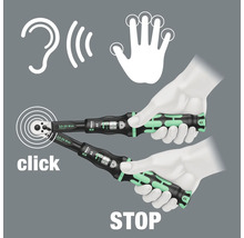 Illustration de l''utilisation d''une clé dynamométrique avec un clic sonore indiquant le couple correct
