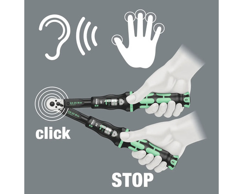 Illustration de l''utilisation d''une clé dynamométrique avec un clic sonore indiquant le couple correct