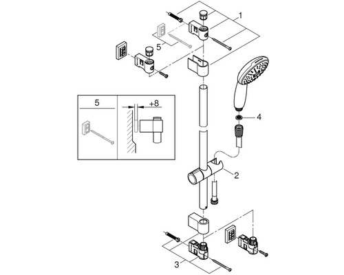 Explosionszeichnung einer Duschstange mit Handbrause und Montageelementen