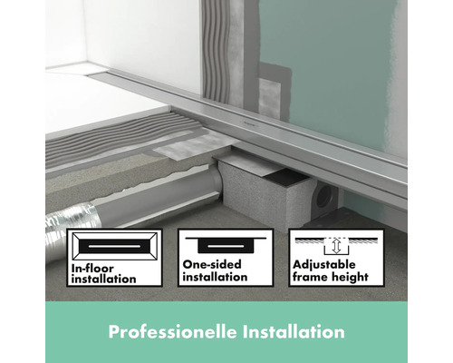 Professionelle Installation einer Duschrinne mit Bodeneinbau, einseitiger Installation und anpassbarer Rahmenhöhe.