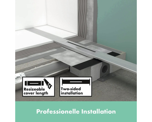 Professionelle Installation einer Duschrinne mit verkürzbarer Abdeckung und zweiseitiger Installation.
