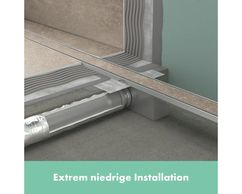 Extrem niedrige Duschrinne mit Ablaufrohr Installation