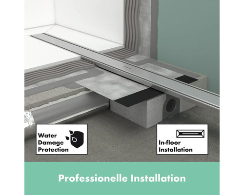 Bodengleiche Dusche mit Wasserablauf und den Symbolen: Wasserschadenschutz und Unterflurinstallation