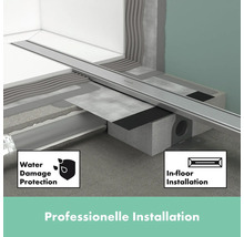 Professionelle Installation einer Duschrinne mit den Symbolen Wasserschadensschutz und Unterflurinstallation