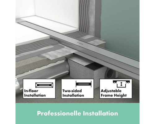 Grafik zeigt die professionelle Installation einer Duschrinne mit verschiedenen Installationsmöglichkeiten: Unterflurinstallation, zweiseitige Installation und einstellbare Rahmenhöhe.