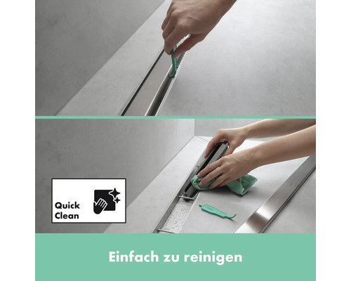 Badezimmer mit Duschrinne und dem Symbol einfache Reinigung.