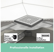 Illustration eines Duschablaufs mit Wasserablauf und den Hinweisen zum Schutz vor Wasserschäden und zur Installation im Boden