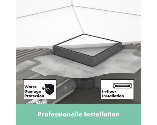 Bodenebene Dusche mit Wasserablauf und den Symbolen Wasserschadenschutz und Installation im Boden.
