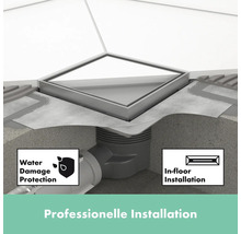 Bodenebene Dusche mit Wasserablauf und den Symbolen Wasserschadenschutz und Unterflurinstallation