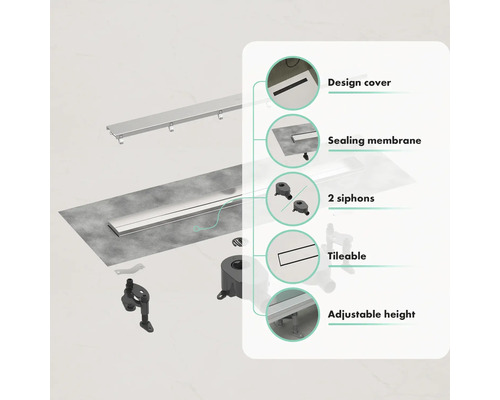 Composants d''un caniveau de douche avec couvercle design, membrane d''étanchéité, deux siphons, couvercle carrelable et hauteur réglable