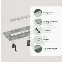 Illustration einer Duschrinne mit Designabdeckung, Dichtmembran, zwei Siphons, Fliesenmulde und Höhenverstellung