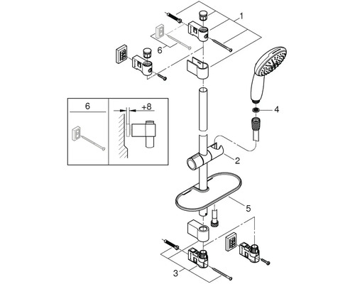 Explosionszeichnung einer Duschstange mit Handbrause, Halterungen und Montagezubehör.