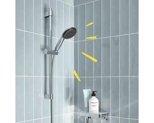 Duschstange mit Handbrause und Ablage im Badezimmer