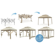 Une série d''images montre le montage d''un pavillon avec mécanisme pliant