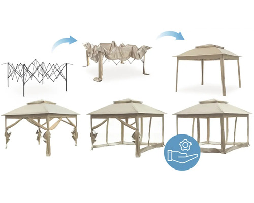Une série d''images montre le montage d''un pavillon avec mécanisme pliant