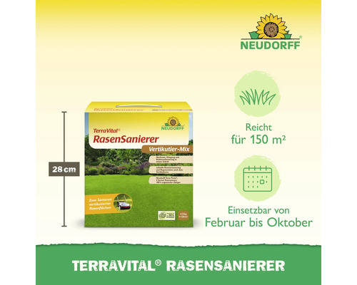 Terra Vital Rasensanierer Packung mit Informationen zur Anwendung und Reichweite, Höhe 28 cm
