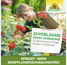 Frau im Garten mit Rosen und dem Hinweis zuverlässig gegen Schädlinge. Neudorff Logo