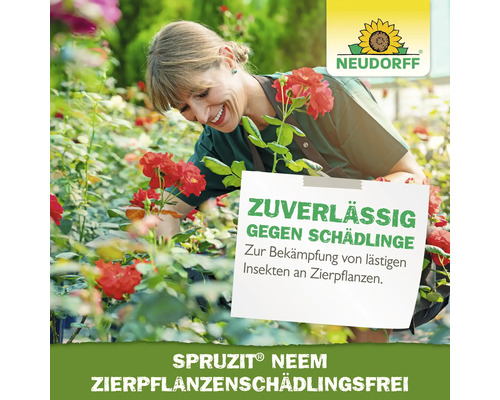 Femme dans le jardin avec des roses et la mention fiable contre les parasites. Logo Neudorff