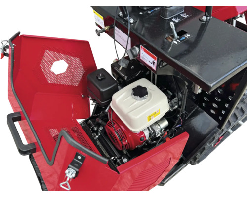 Vue détaillée d''une motobineuse avec capot ouvert et moteur visible