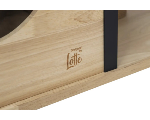 Vue détaillée d''une étagère en bois avec l''inscription Designed by Lotte