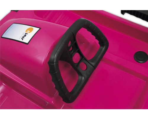 Vue détaillée d''une luge rose avec volant noir et logo KHW