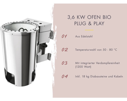 Saunaofen aus Edelstahl, 3,6 Kilowatt, mit Temperaturregler, integrierter Verdampfereinheit und 18 Kilogramm Diabassteinen
