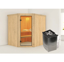 Ecksauna aus Holz mit Saunaofen und Saunasteinen