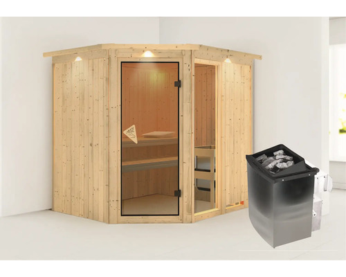Sauna d''angle en bois avec porte en verre et poêle de sauna