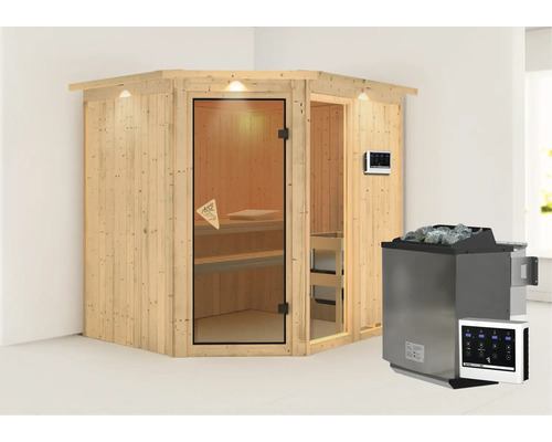 Sauna d''angle avec porte en verre, commande et poêle de sauna