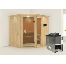 Sauna en bois avec porte en verre et poêle de sauna