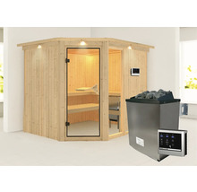Sauna d''angle en bois avec porte en verre et poêle de sauna avec pierres