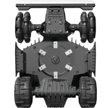 Vue du dessous d''un robot tondeuse avec roues et disque porte-lames