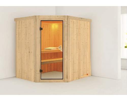 Sauna d''angle en bois avec porte en verre et intérieur