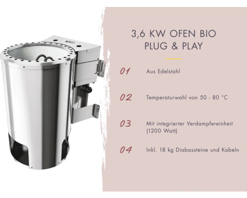 3.6 kW Saunaofen Bio Plug and Play aus Edelstahl mit Temperaturwahl von 50 bis 80 Grad Celsius, integrierter Verdampfereinheit und inklusive 18 kg Diabassteine und Kabel