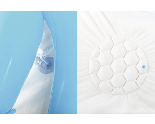 Detailansicht eines blauen Baby-Planschbeckens mit Ablassventil und gepolstertem Boden