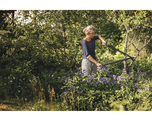 Une femme coupe un arbre avec un sécateur dans le jardin.