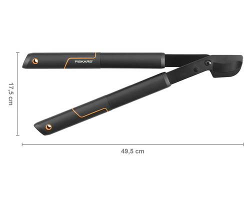 Désherbeur Fiskars mesurant 49,5 cm sur 17,5 cm.