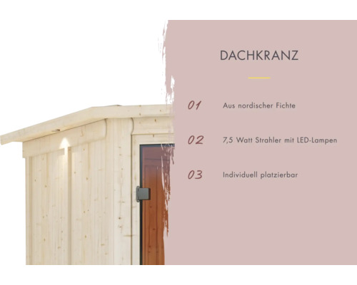 Dachkranz aus nordischer Fichte mit 7,5 Watt Strahlern mit LED Lampen, individuell platzierbar