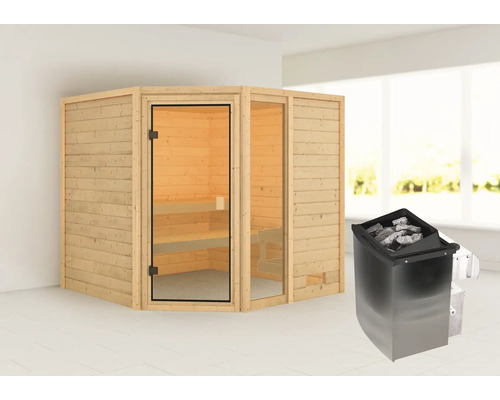 Holzsauna mit Glastür und Saunaofen