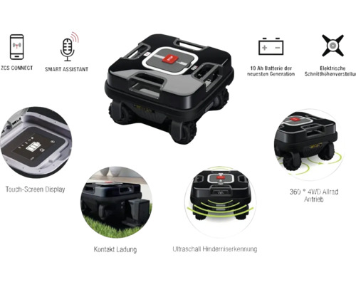 Automatischer Rasenmäher mit ZCS Connect, Smart Assistant, Touchscreen Display, 10 Ah Batterie, elektrischer Schnitthöhenverstellung, 360 Grad Vierradantrieb, Ladekontakt und Ultraschall Hinderniserkennung