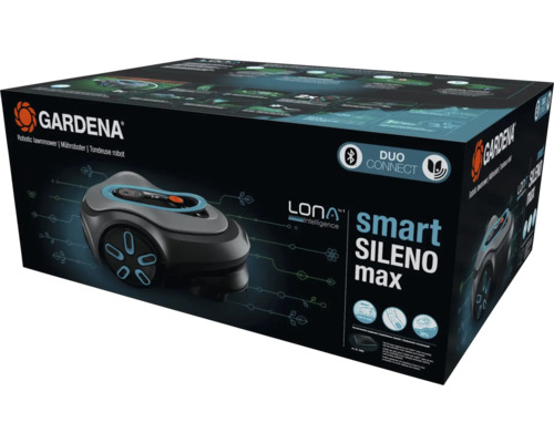 Verpackung eines Gardena Smart Sileno Max Mähroboters