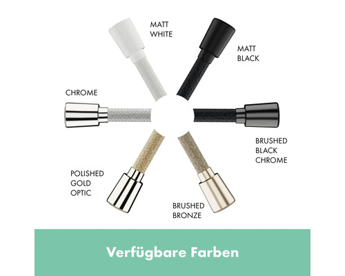 Verfügbare Farben für Duschköpfe: Matt Weiss, Chrom, Polierte Gold Optik, Gebürstetes Bronze, Gebürstetes Schwarz Chrom, Matt Schwarz