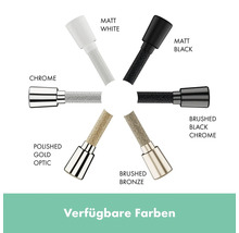 Verfügbare Farben für ein Produkt: Mattweiß, Chrom, polierte Goldoptik, gebürstete Bronze, gebürstetes Schwarzchrom, Mattschwarz